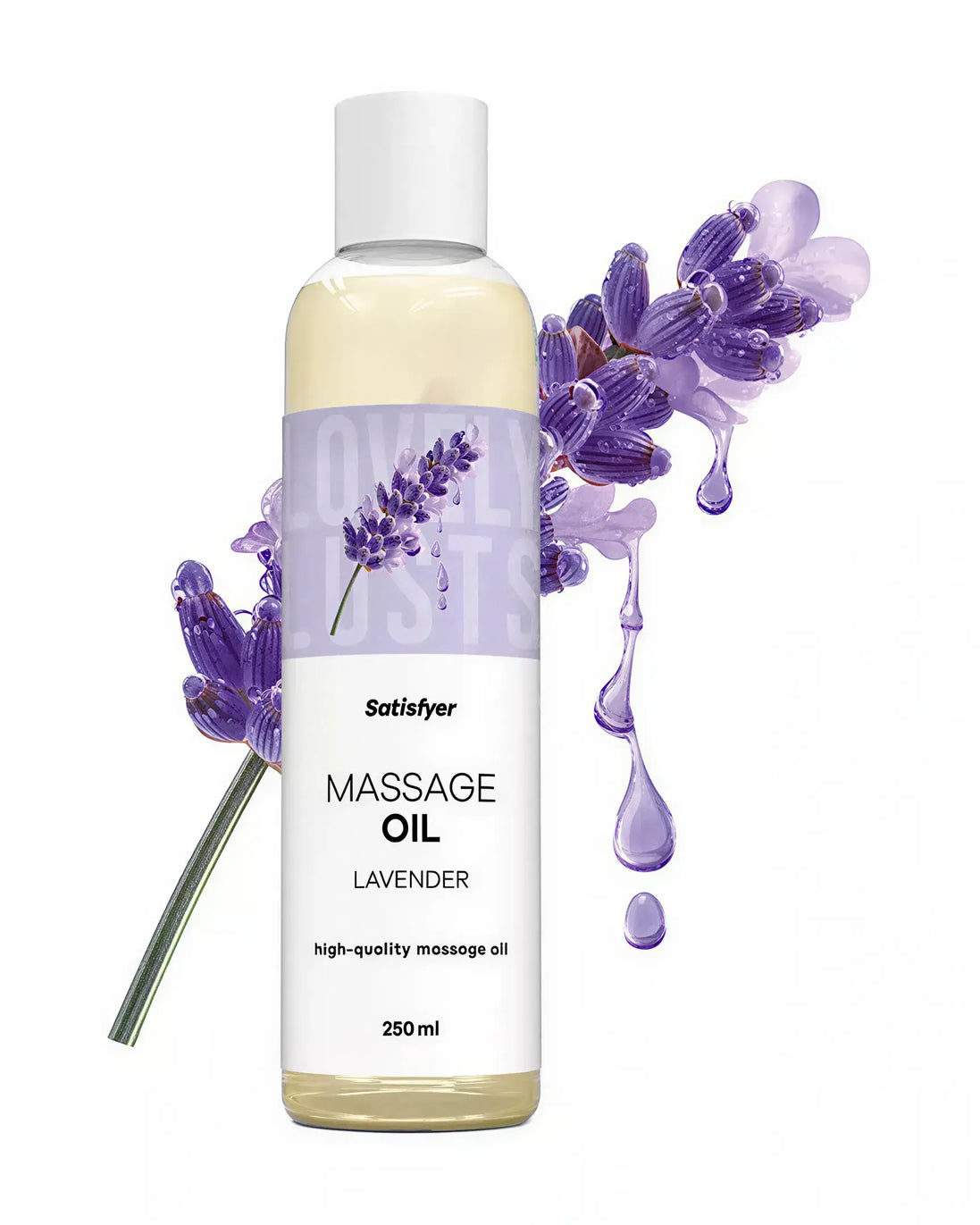 Satisfyer lavender massage oil bottle with a purple lavender flower and drops, 250ml size.