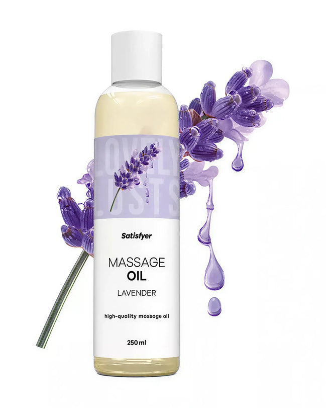 Satisfyer lavender massage oil bottle with a purple lavender flower and drops, 250ml size.