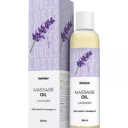 Satisfyer lavender massage oil 250ml in a clear bottle with a floral design on the packaging.