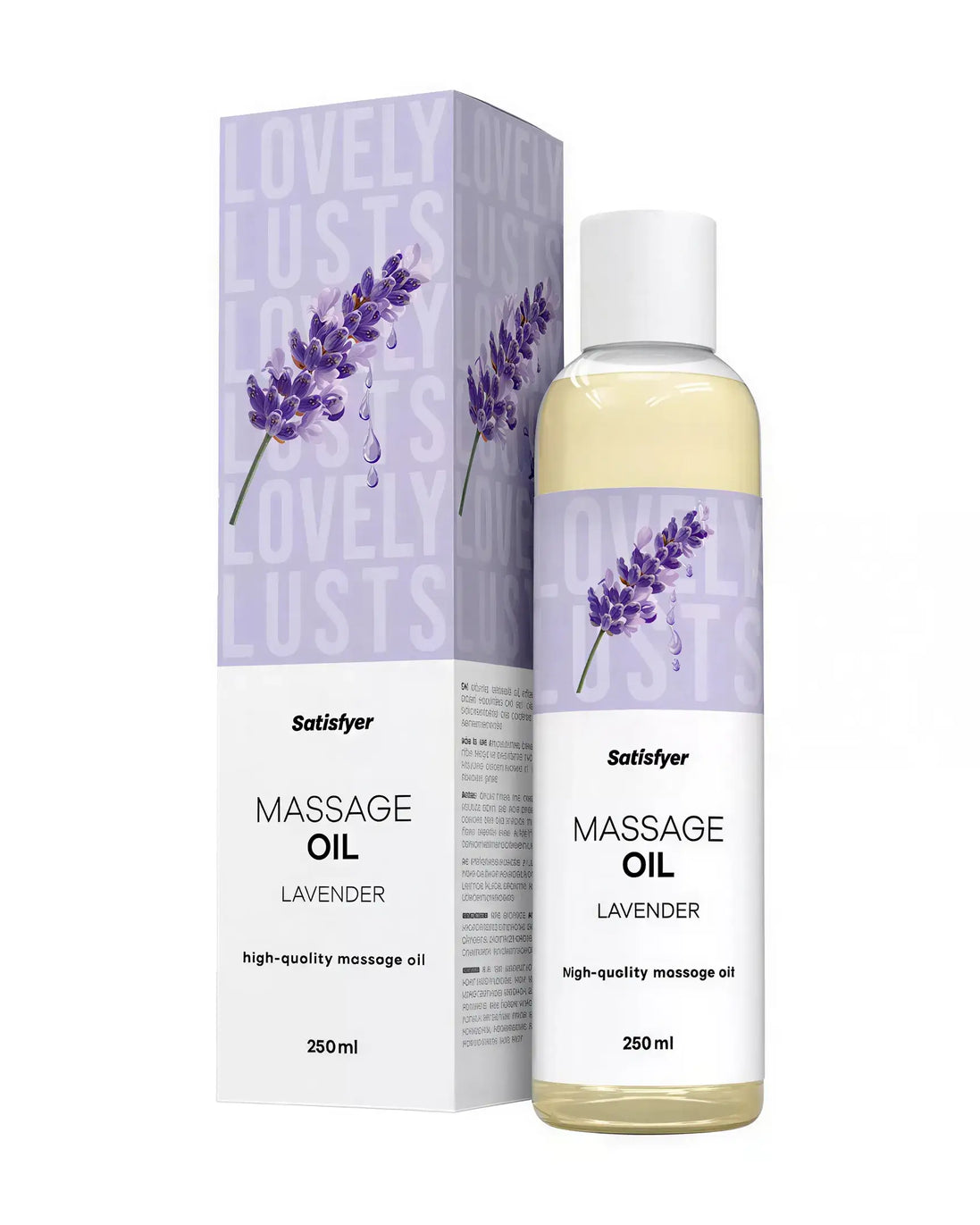 Satisfyer lavender massage oil 250ml in a clear bottle with a floral design on the packaging.