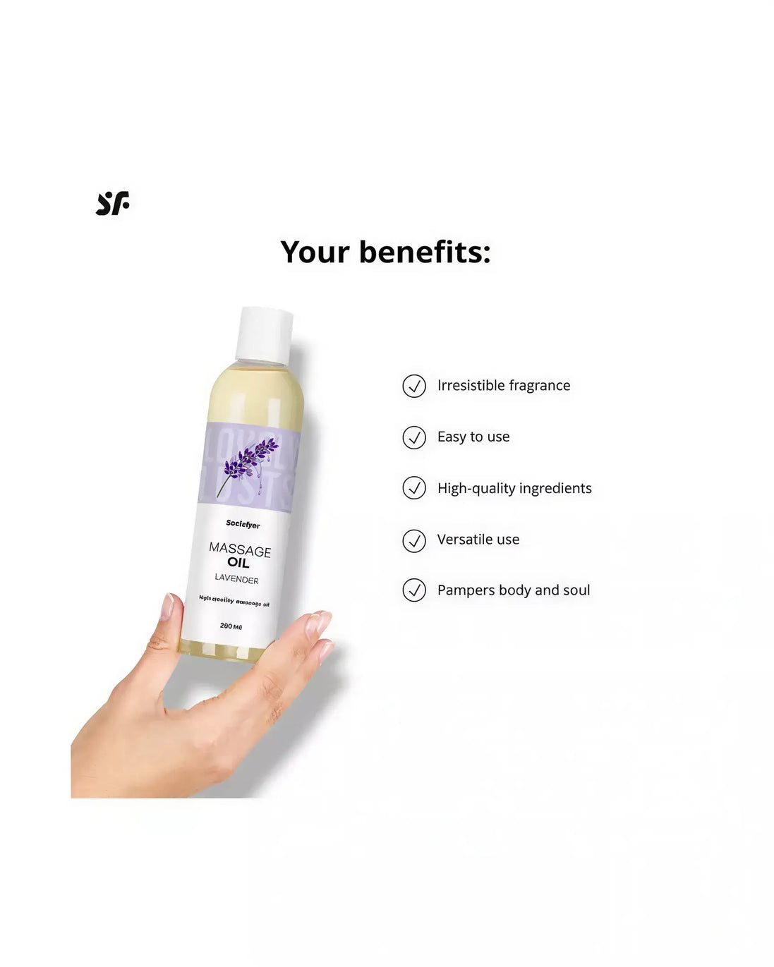 Satisfyer lavender massage oil bottle with a hand holding it, featuring a label and bullet points on benefits.