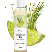 Satisfyer massage oil in a clear bottle, featuring lemongrass with a green label, 250ml size.