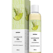 Satisfyer massage oil in lemongrass scent, 250ml bottle with green label and box featuring a lime graphic.