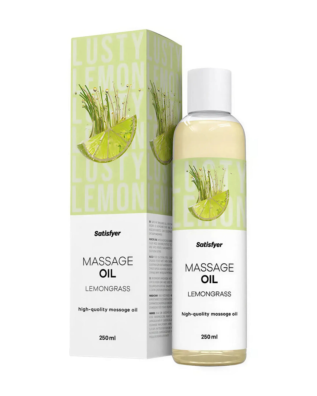 Satisfyer massage oil in lemongrass scent, 250ml bottle with green label and box featuring a lime graphic.
