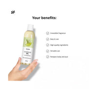 Satisfyer massage oil in lemongrass scent, 250ml bottle held by a hand, with benefits listed beside it.