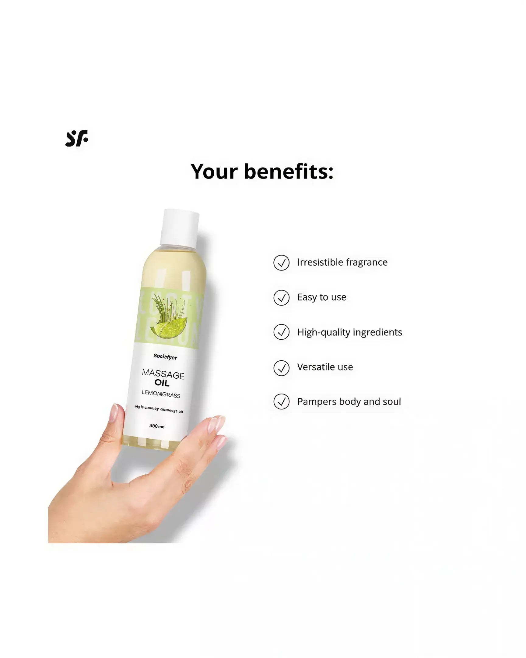Satisfyer massage oil in lemongrass scent, 250ml bottle held by a hand, with benefits listed beside it.
