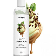 Satisfyer Juicy Lubricant 300ml in a clear bottle with minty mocha flavor and a swirl of chocolate and mint.