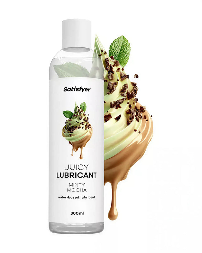 Satisfyer Juicy Lubricant 300ml in a clear bottle with minty mocha flavor and a swirl of chocolate and mint.