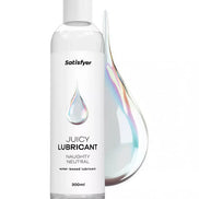 Satisfyer Juicy Lubricant, 300ml bottle with a water droplet design, labeled Naughty Neutral, on a white background.