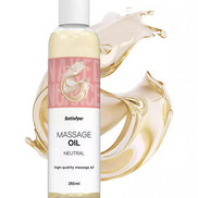 Satisfyer massage oil neutral in a 250ml bottle with a light yellow liquid and pink label design.