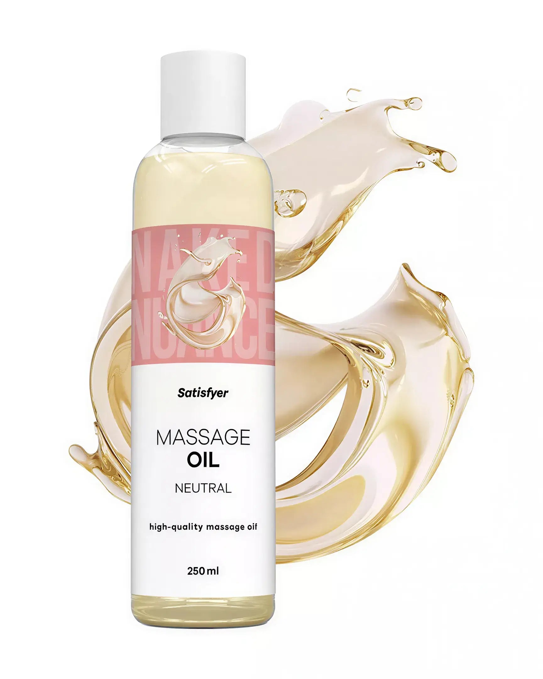 Satisfyer massage oil neutral in a 250ml bottle with a light yellow liquid and pink label design.