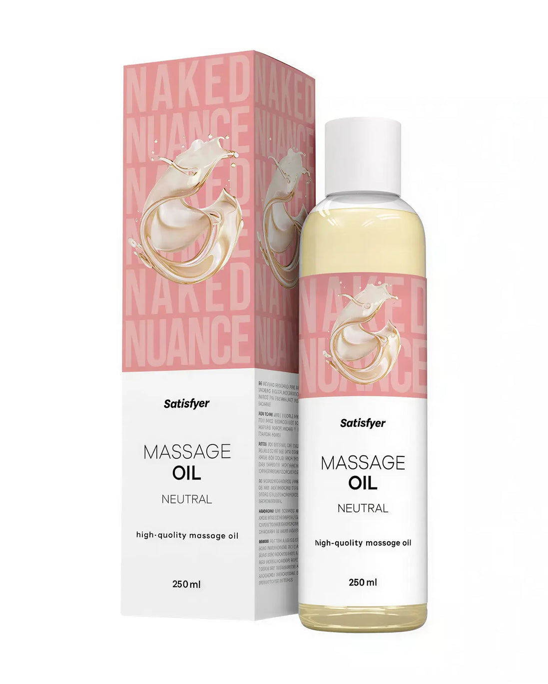 Satisfyer Massage Oil Neutral 250ml in a clear bottle with a pink and white box featuring a dragon design.