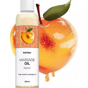 Satisfyer massage oil in peach scent, 250ml bottle with a peach illustration and leaf on a white background.
