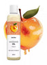 Satisfyer massage oil in peach scent, 250ml bottle with a peach illustration and leaf on a white background.