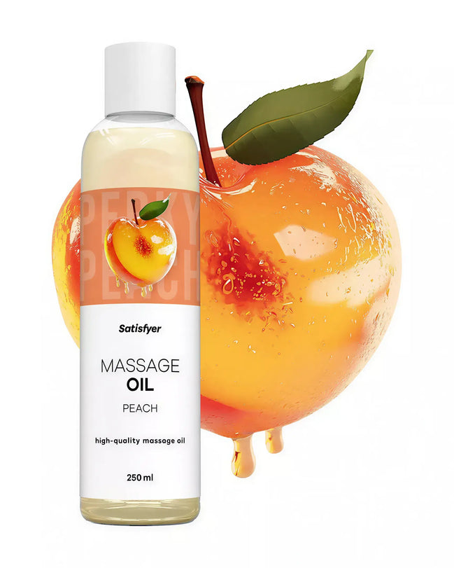Satisfyer massage oil in peach scent, 250ml bottle with a peach illustration and leaf on a white background.