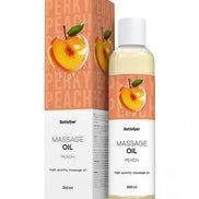 Satisfyer massage oil in peach scent, 250ml bottle with a peach graphic on the box and label.
