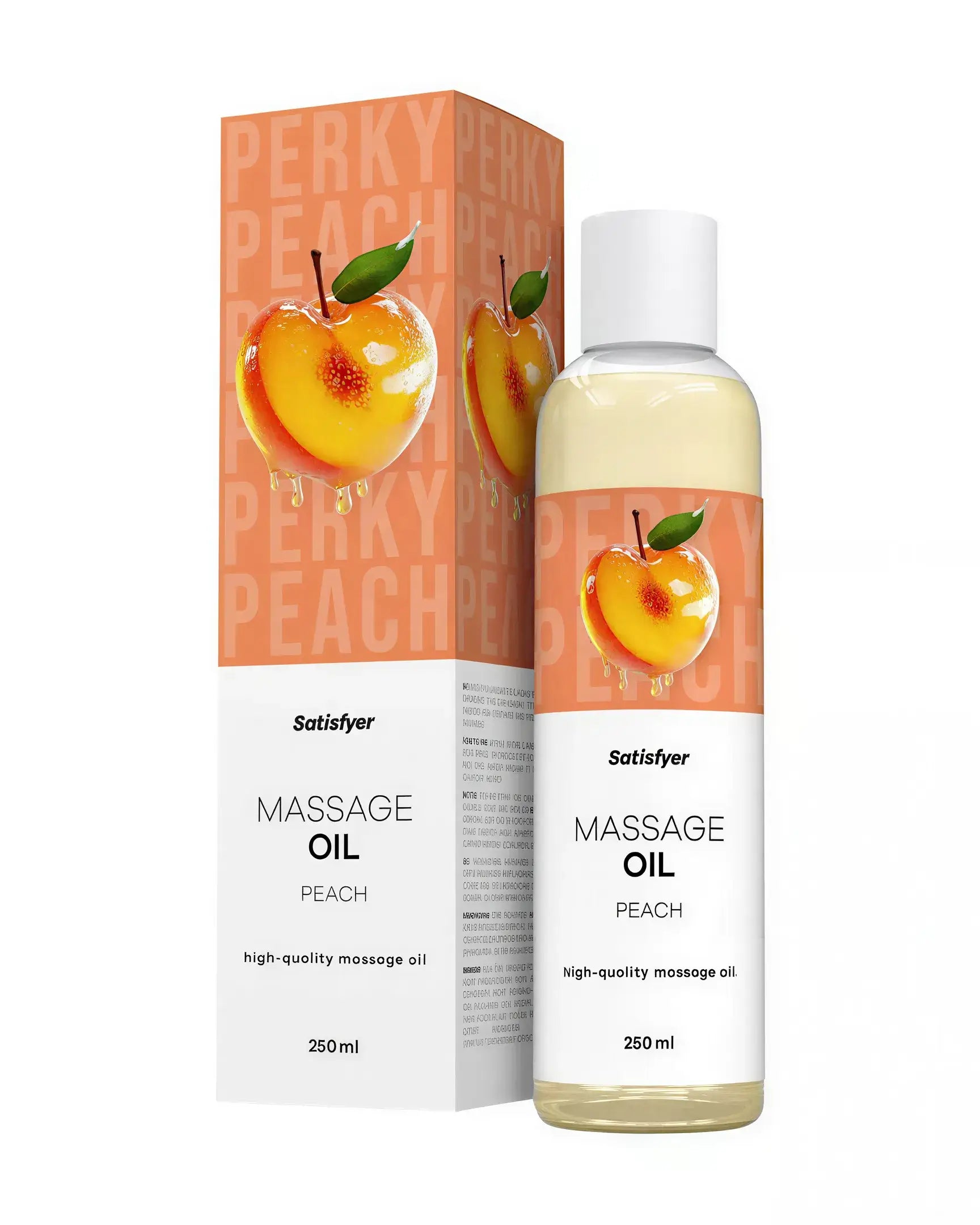 Satisfyer massage oil in peach scent, 250ml bottle with a peach graphic on the box and label.