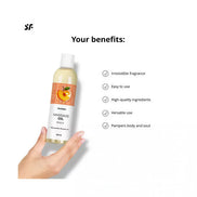 Satisfyer massage oil in peach scent, 250ml bottle held by a hand, with benefits listed beside it.
