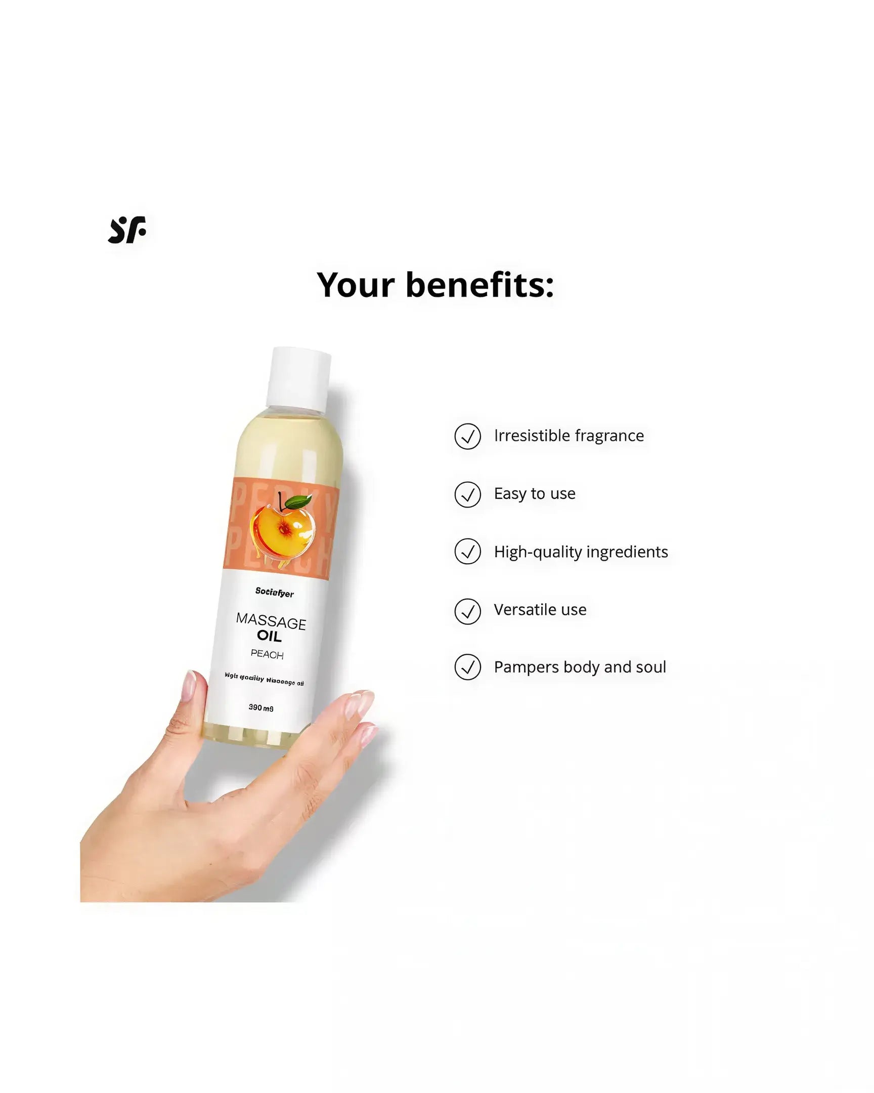 Satisfyer massage oil in peach scent, 250ml bottle held by a hand, with benefits listed beside it.