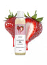 Satisfyer massage oil in a 250ml bottle, with a strawberry design and two strawberries in the background.