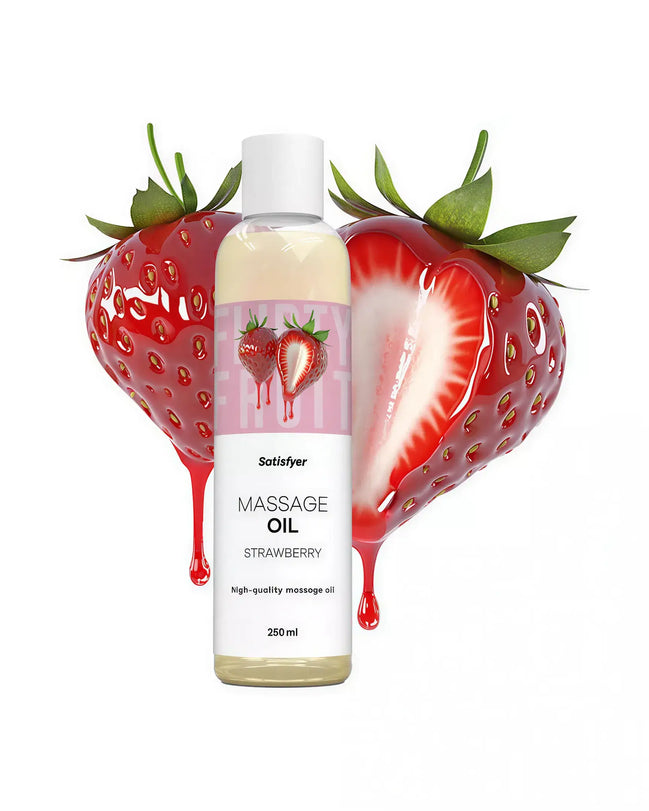 Satisfyer massage oil in a 250ml bottle, with a strawberry design and two strawberries in the background.