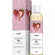 Satisfyer massage oil in a 250ml bottle with strawberry design and packaging featuring strawberries and pink accents.