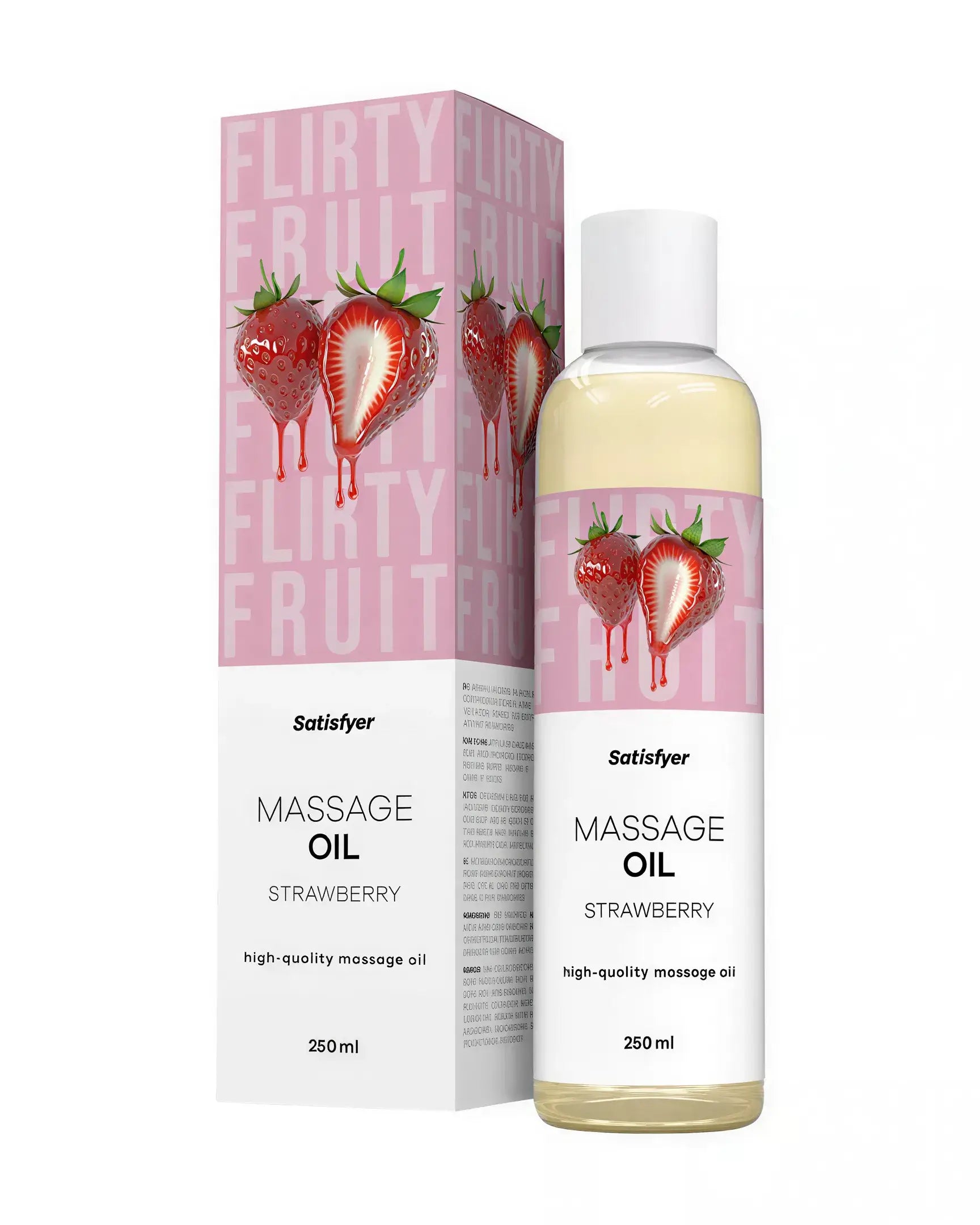 Satisfyer massage oil in a 250ml bottle with strawberry design and packaging featuring strawberries and pink accents.