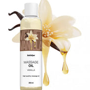 Satisfyer massage oil in a clear bottle with vanilla flower, 250ml, featuring a light yellow color and droplet.
