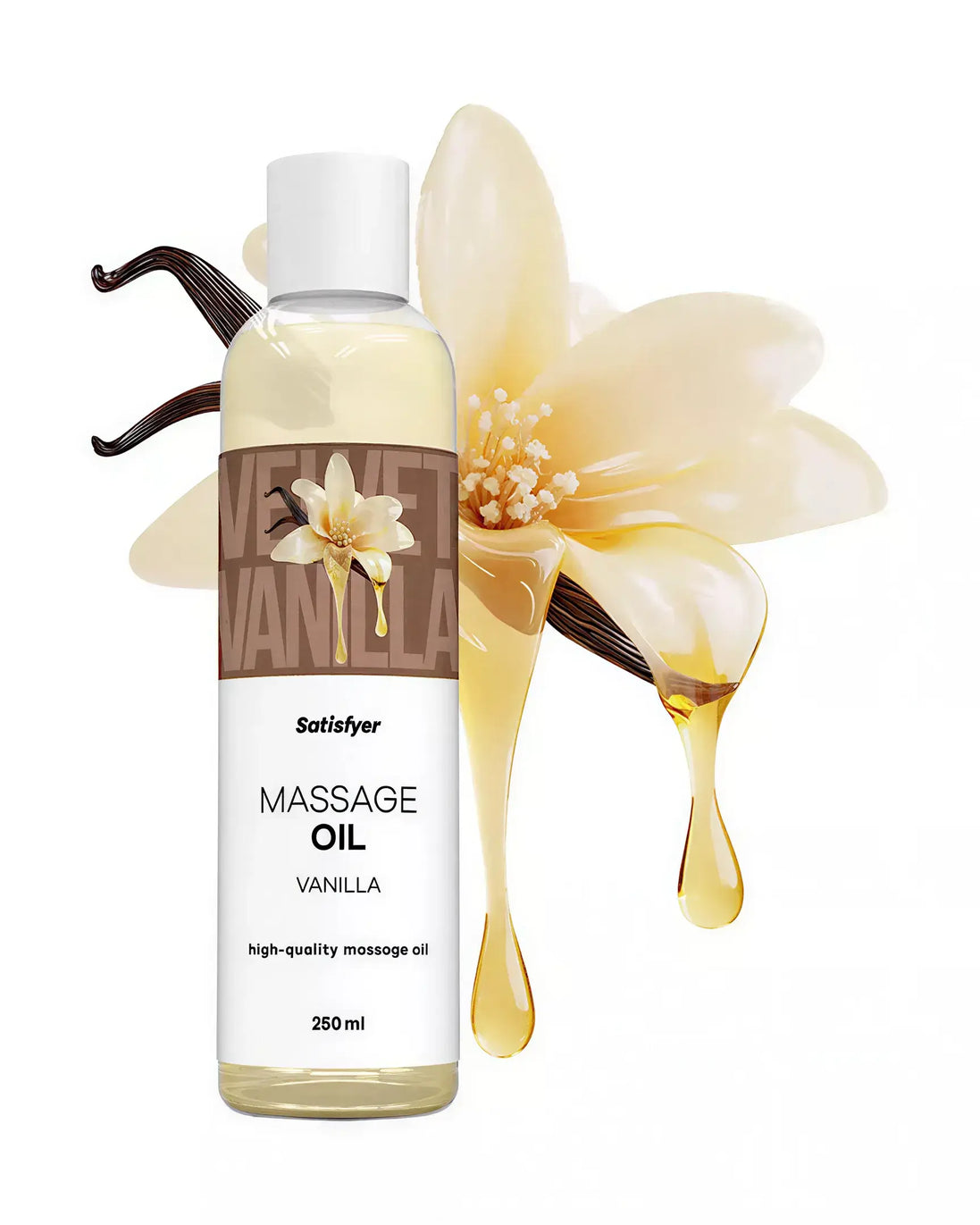 Satisfyer massage oil in a clear bottle with vanilla flower, 250ml, featuring a light yellow color and droplet.
