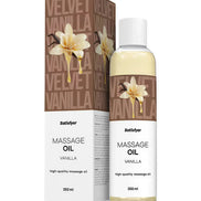 Satisfyer massage oil in vanilla scent, 250ml bottle with floral design and branded packaging.