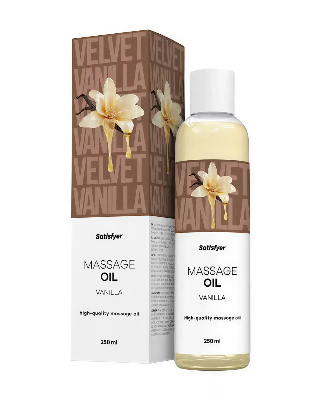 Satisfyer massage oil in vanilla scent, 250ml bottle with floral design and branded packaging.