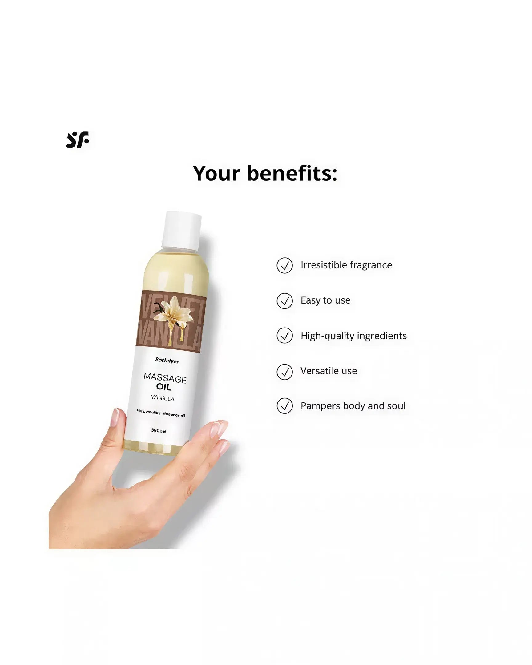 Satisfyer massage oil in vanilla, 250ml bottle held in hand with benefits listed on the side.