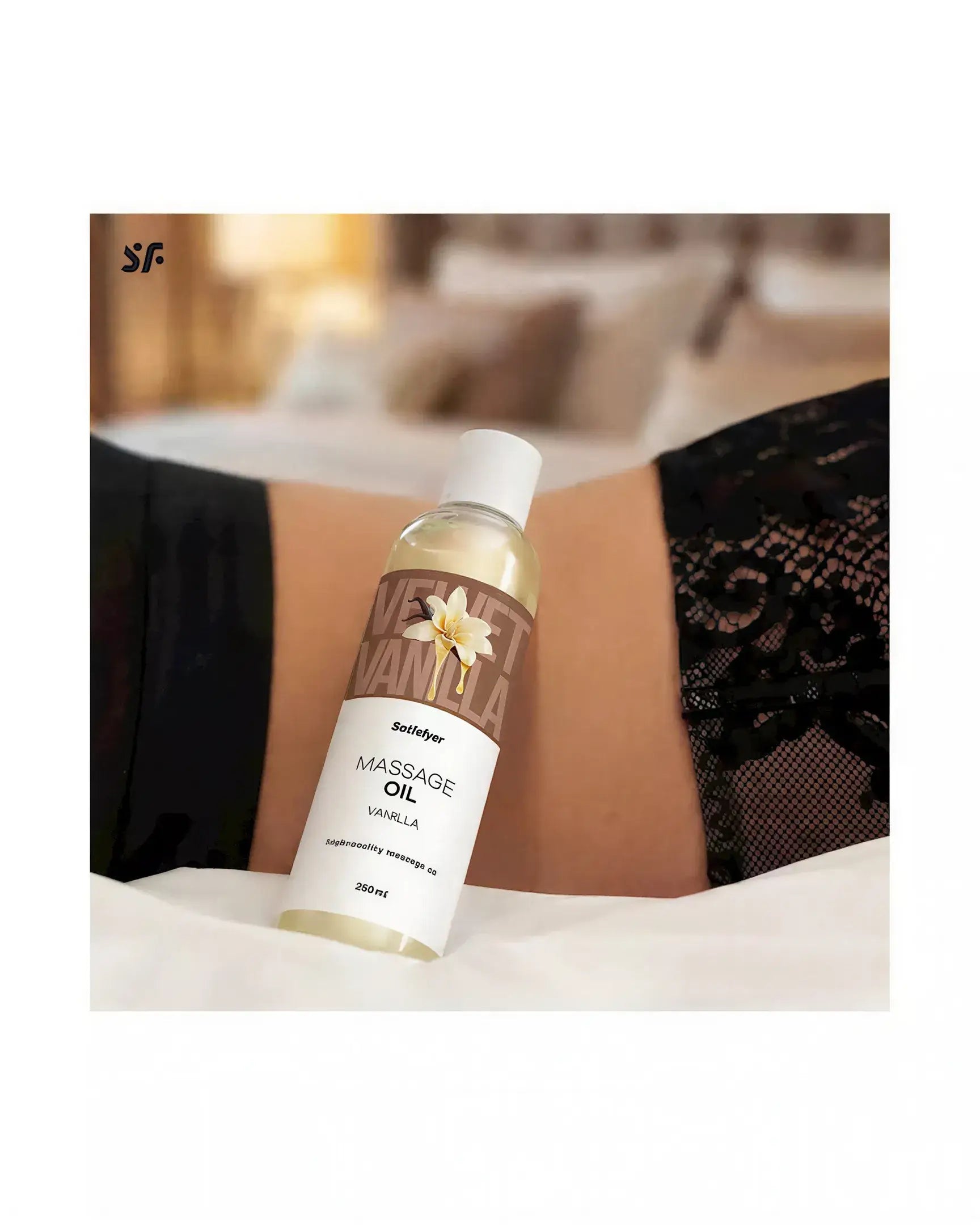 Satisfyer massage oil vanilla 250ml bottle placed on a bed with lace fabric in the background.