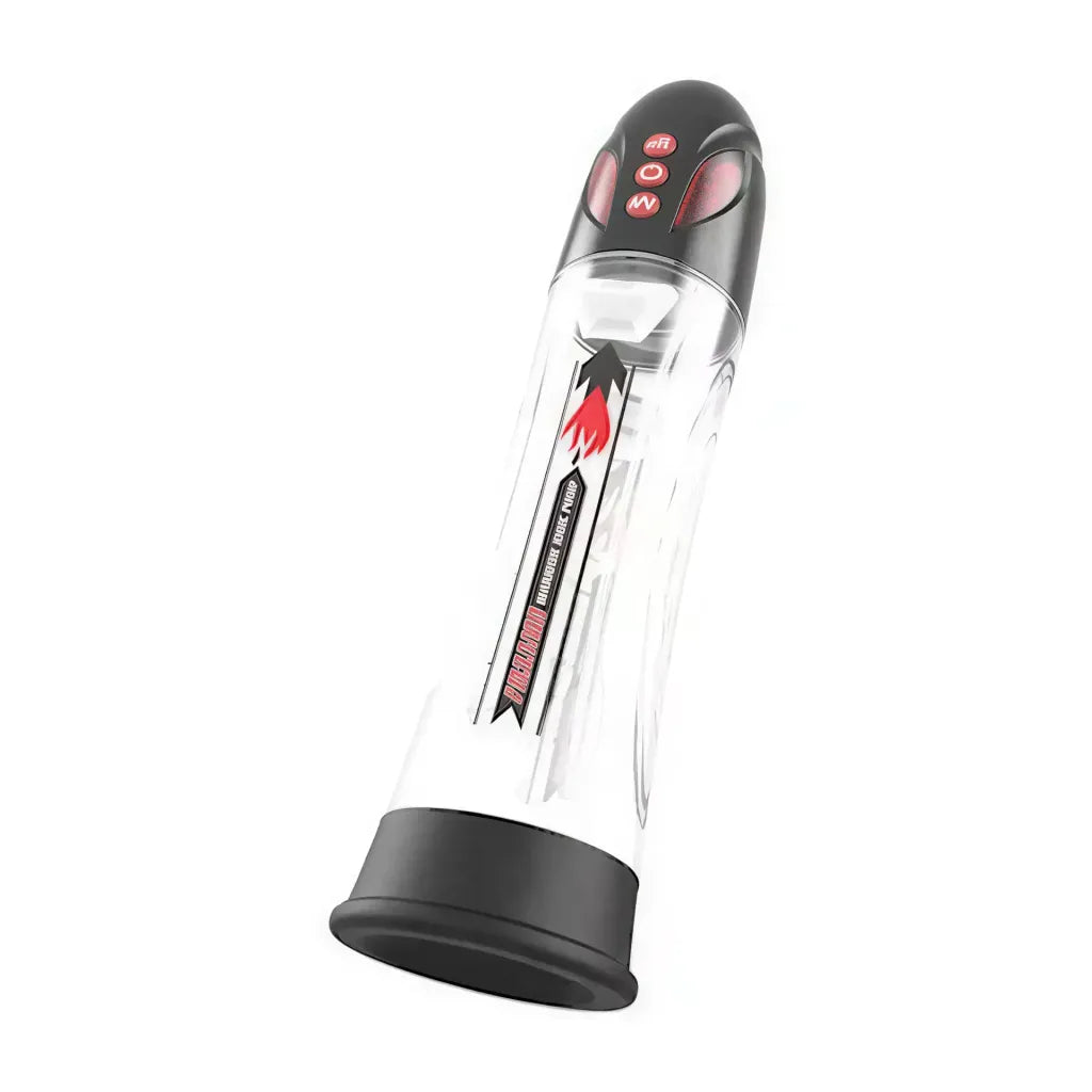 Evolve Pulse penis pump, 8.3 inches long, featuring a clear cylinder and black accents with control buttons on top.