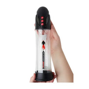 Evolve Pulse penis pump, 8.3 inches, clear cylinder with measurement markings and black top, held in a hand.
