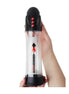 Evolve Pulse penis pump, 8.3 inches, clear cylinder with measurement markings and black top, held in a hand.