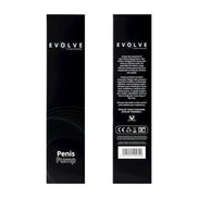 Evolve Pulse penis pump packaging featuring a black design with product details and instructions on both sides.