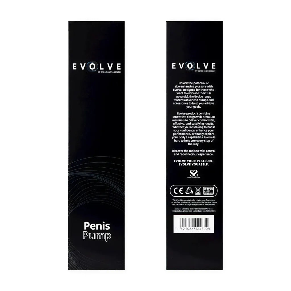 Evolve Pulse penis pump packaging featuring a black design with product details and instructions on both sides.