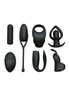 Nood Indulge remote-controlled vibrator kit with various black silicone pieces, including a bullet, ring, and anal plug.