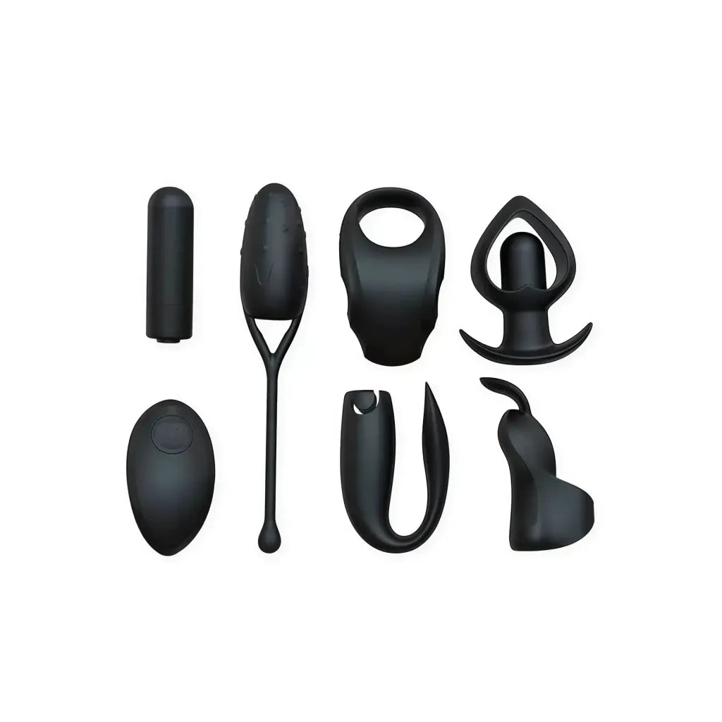 Nood Indulge remote-controlled vibrator kit with various black silicone pieces, including a bullet, ring, and anal plug.