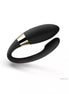 Lelo Noa vibrator in black silicone with a gold accent, featuring a curved design for ergonomic use.