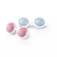 Lelo Luna Beads Mini in pink and blue, featuring two pairs of weighted silicone balls with white connectors.