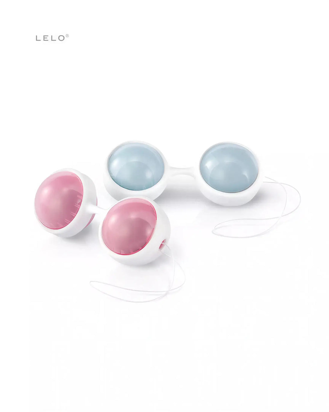 Lelo Luna Beads Mini in pink and blue, featuring two pairs of weighted silicone balls with white connectors.