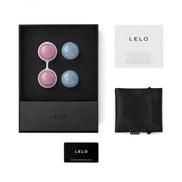 Lelo Luna Beads Mini in a black box, featuring two pink and blue beads, a care card, and a small black pouch.