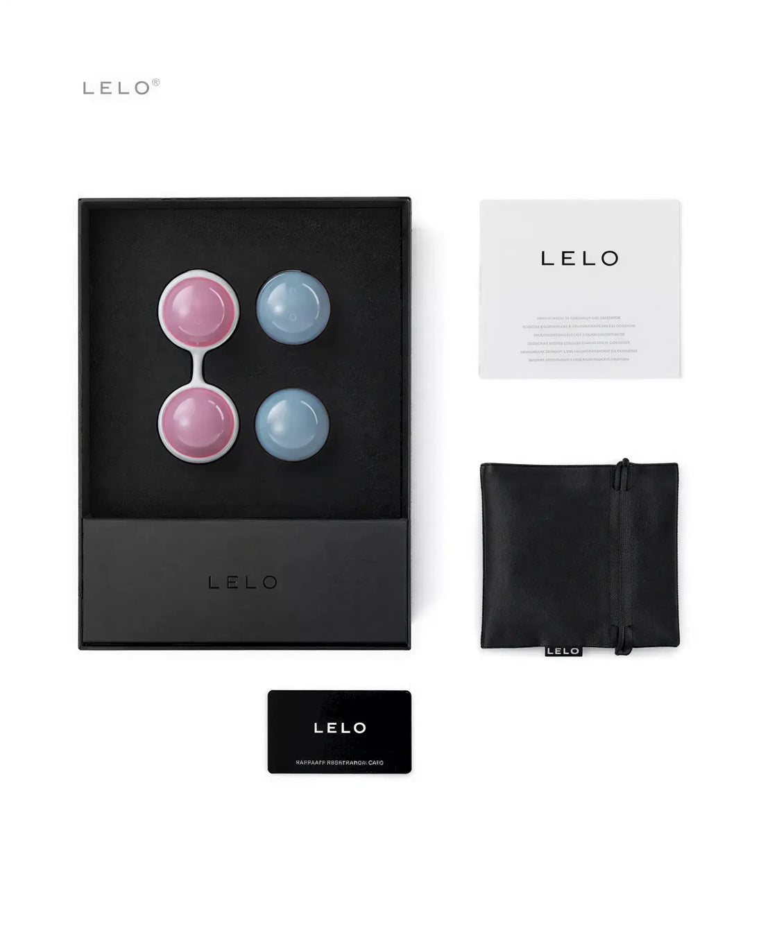 Lelo Luna Beads Mini in a black box, featuring two pink and blue beads, a care card, and a small black pouch.
