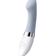 Lelo Gigi 2 g-spot vibrator in light blue and white, featuring a curved design and control buttons on the base.