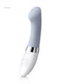 Lelo Gigi 2 g-spot vibrator in light blue and white, featuring a curved design and control buttons on the base.
