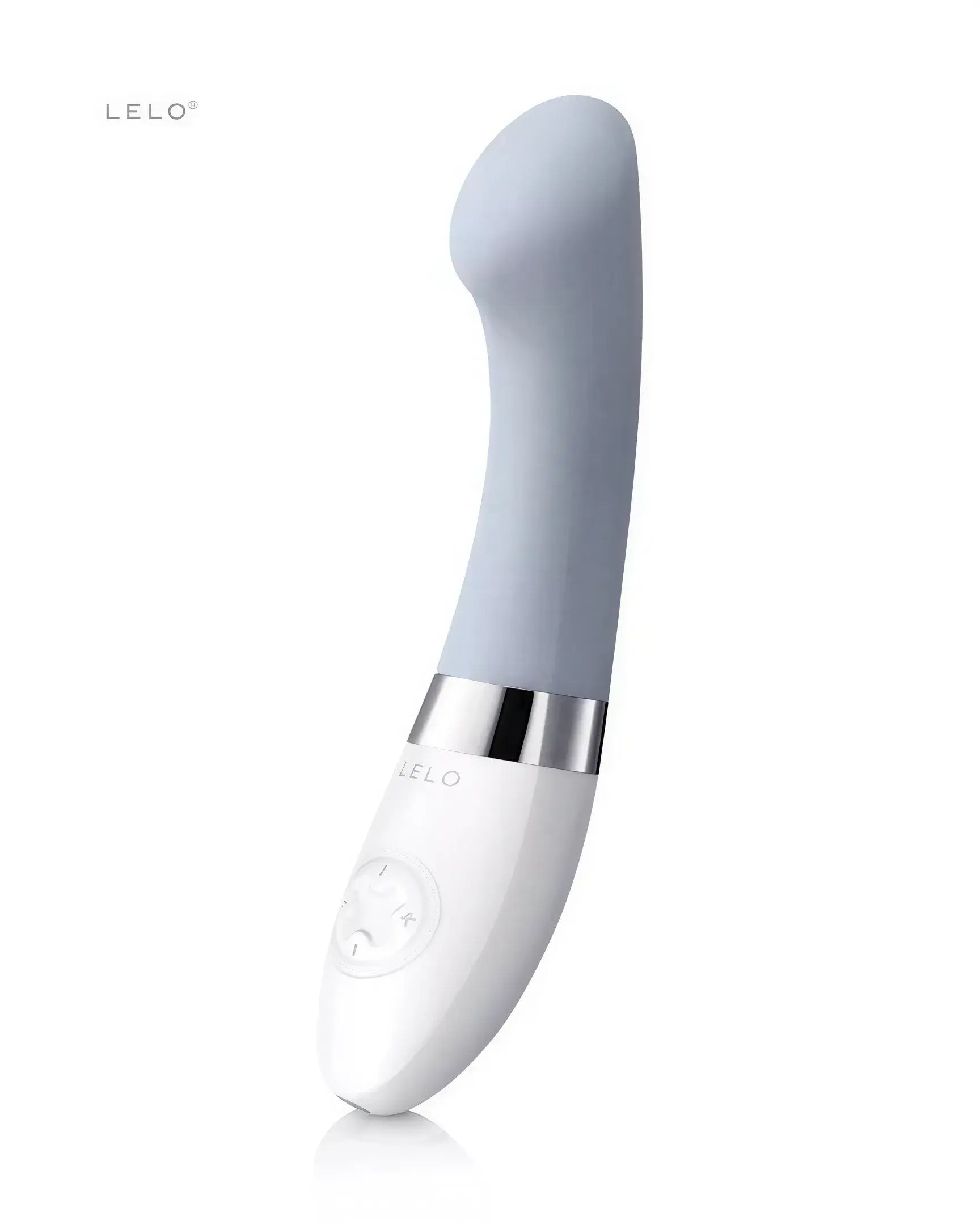 Lelo Gigi 2 g-spot vibrator in light blue and white, featuring a curved design and control buttons on the base.