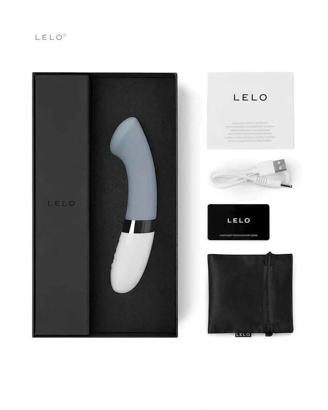Lelo Gigi 2 G-spot vibrator in a sleek gray and white design, displayed in a black box with accessories and documentation.