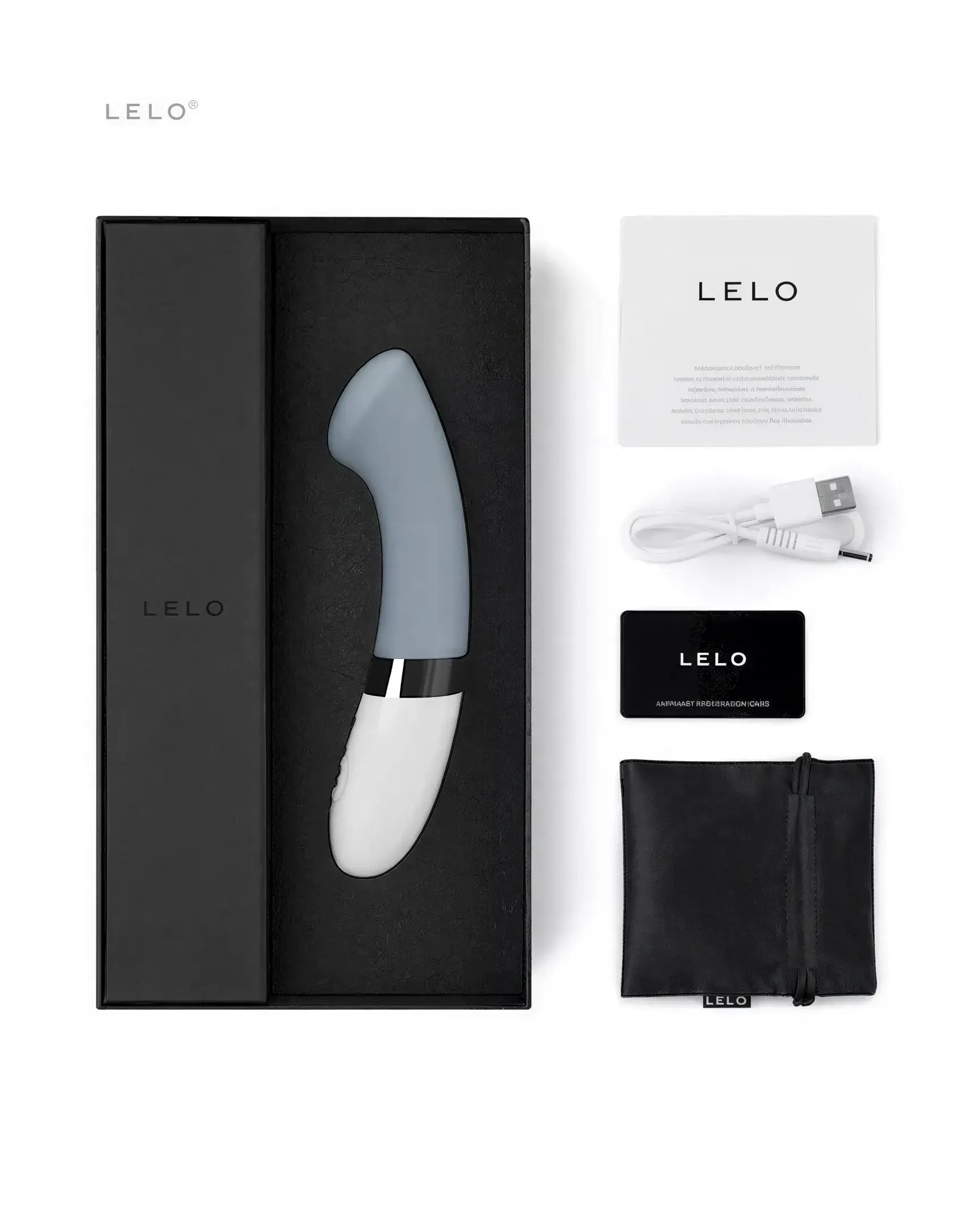 Lelo Gigi 2 G-spot vibrator in a sleek gray and white design, displayed in a black box with accessories and documentation.